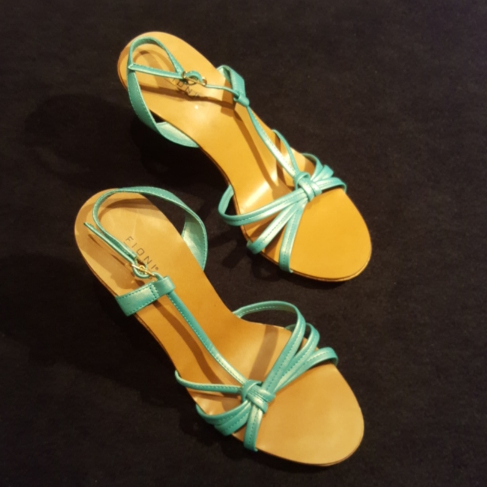 FIONI ♡ Gorgeous Teal 'n Soft Gold Tone Shimmering Open Toe Slingback 4" Heels 5